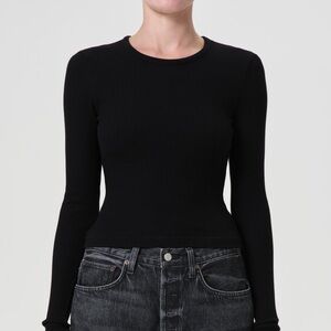 AGOLDE Alma Ribbed Black Crew Neck Long Sleeve Tee (Black, Size S)